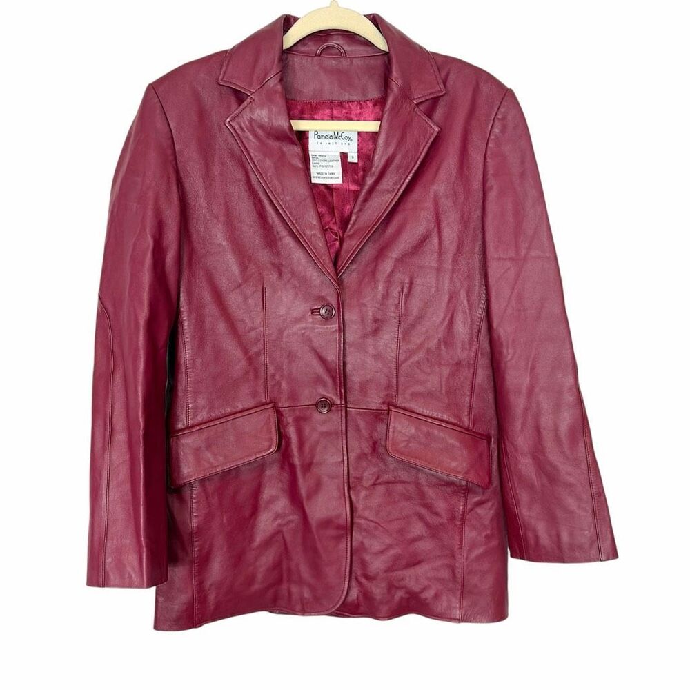 Pamela McCoy Leather Blazer Jacket Womens Small Burgundy Genuine Two Button